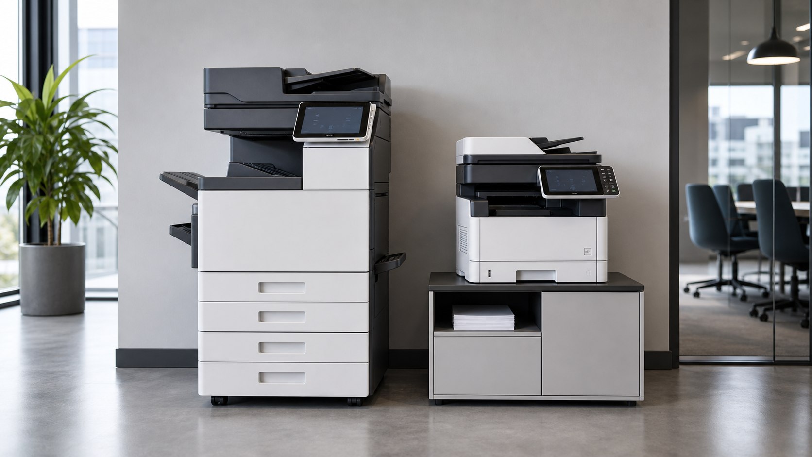 Dwa urządzenia wielofunkcyjne Xerox VersaLink: większy model A3 i kompaktowy model A4 w biurze